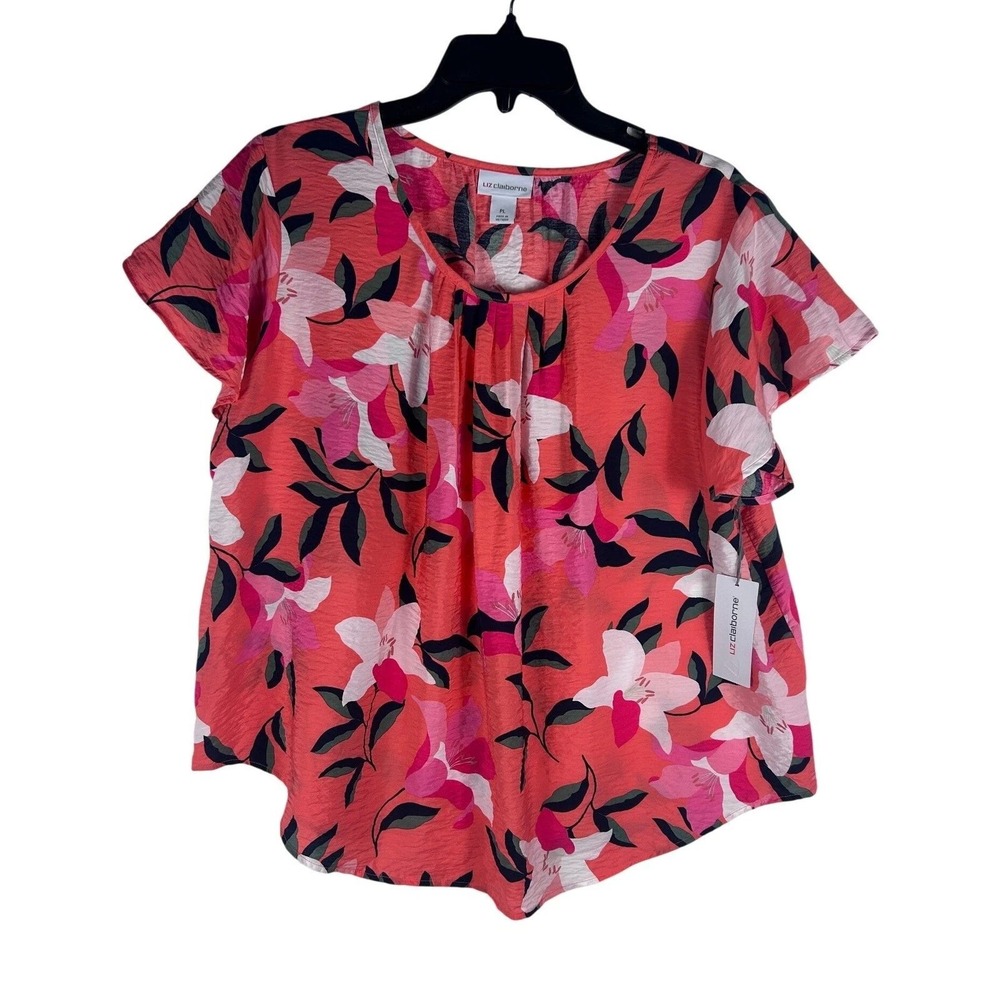 Liz Claiborne Blouse Petite Large Coral Floral Flutter Sleeve Lightweight NWT